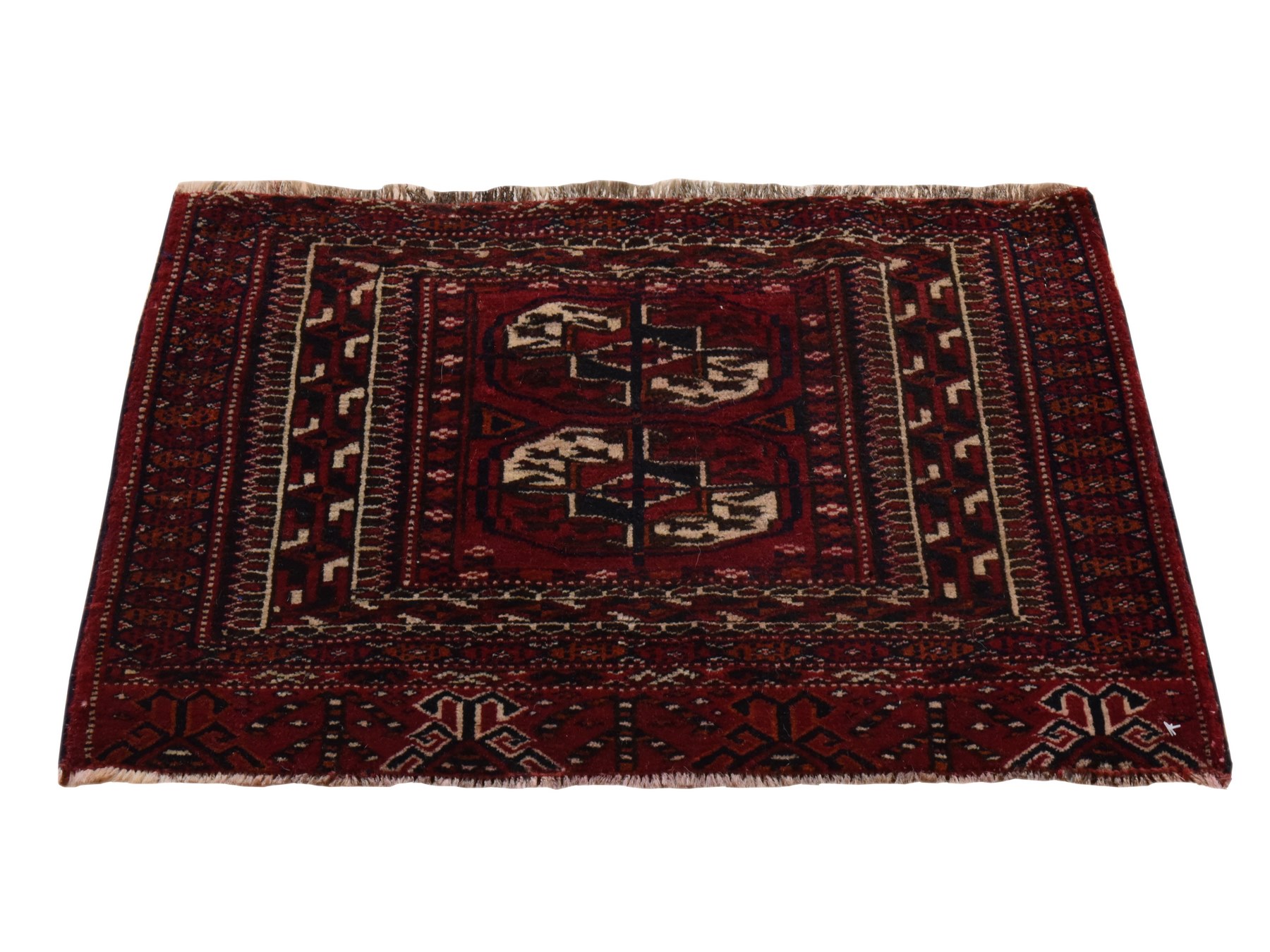1'6"x2'1"Merlot Red, Antique Tourkaman Bokara Bag Face, Clean, Soft, Sides and Ends Professionally Secured, 100% Wool, Hand Knotted, Mat, Oriental Rug HR78916