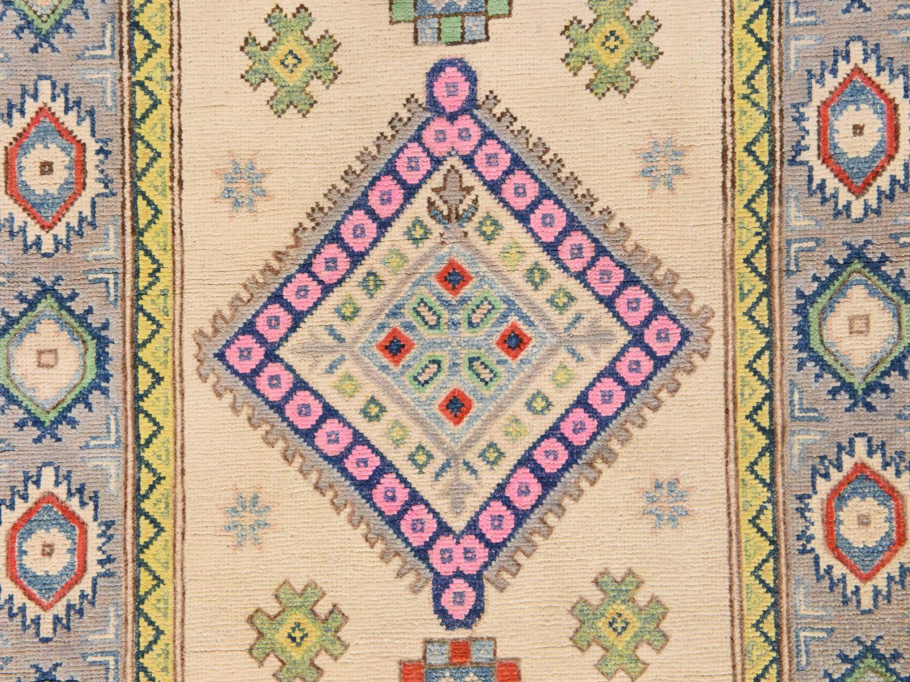 3'2"x4'10" Alabaster White, Colorful Fusion Kazak with Geometric Design, Hand Knotted, Pure Wool, Oriental Rug HR78917 - Image 3