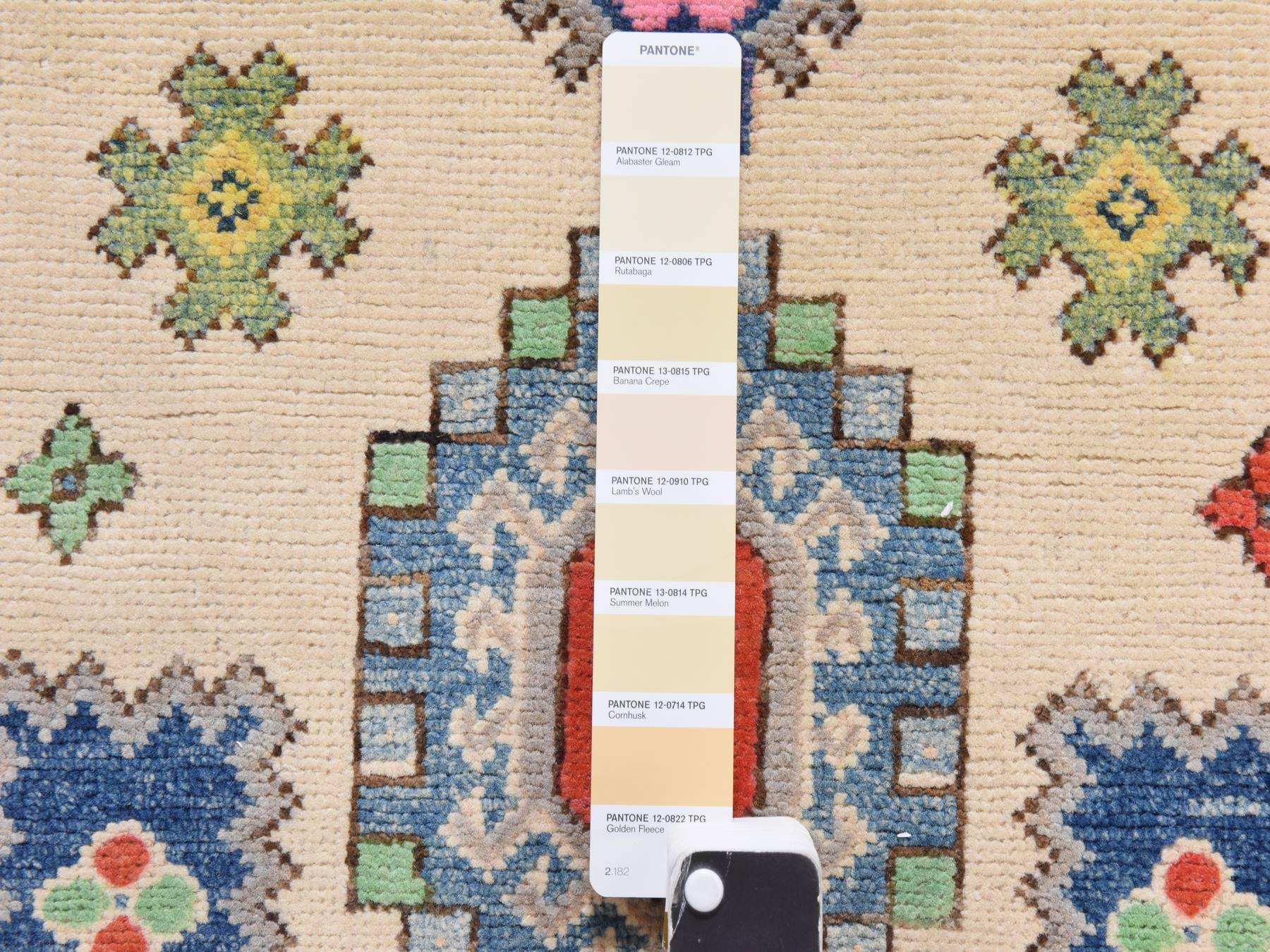 3'2"x4'10" Alabaster White, Colorful Fusion Kazak with Geometric Design, Hand Knotted, Pure Wool, Oriental Rug HR78917 - Image 4