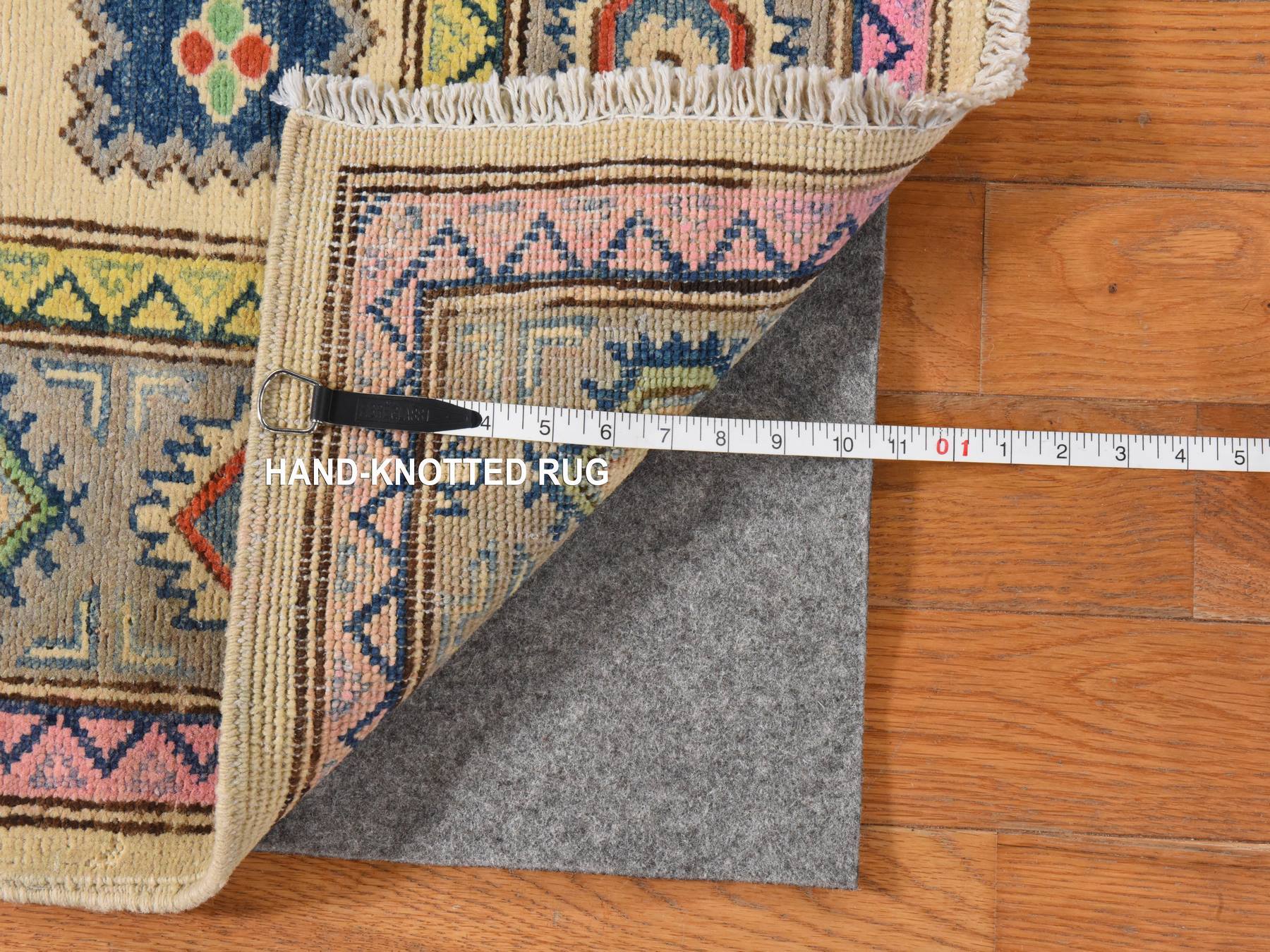 3'2"x4'10" Alabaster White, Colorful Fusion Kazak with Geometric Design, Hand Knotted, Pure Wool, Oriental Rug HR78917 - Image 5