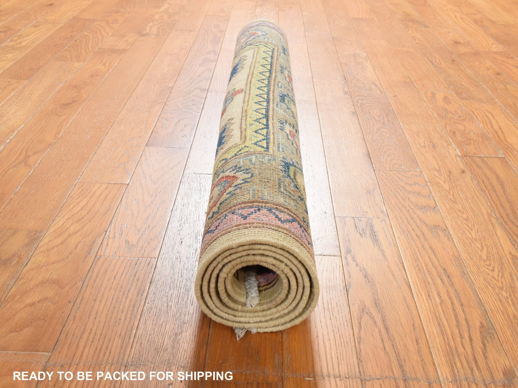 3'2"x4'10" Alabaster White, Colorful Fusion Kazak with Geometric Design, Hand Knotted, Pure Wool, Oriental Rug HR78917 - Image 7