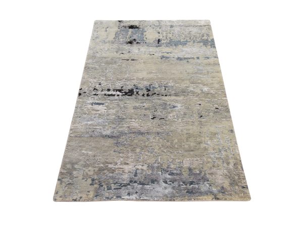3'x4'10" Beige-Gray, Modern Abstract Design, Hand Knotted, Wool & Silk, Hi-Low Pile, Oriental Rug HR78920