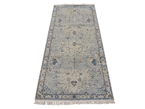2'6"x6' Ivory and Blue, Oushak Design, Distressed, Hand Knotted, Pure Silk with Textured Wool, Runner, Oriental Rug HR78921