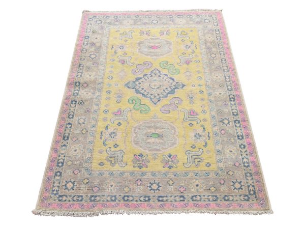 3'3"x4'8" Pastel Yellow, Colorful Fusion Kazak with Geometric Design, Pure Wool, Hand Knotted, Oriental Rug HR78924