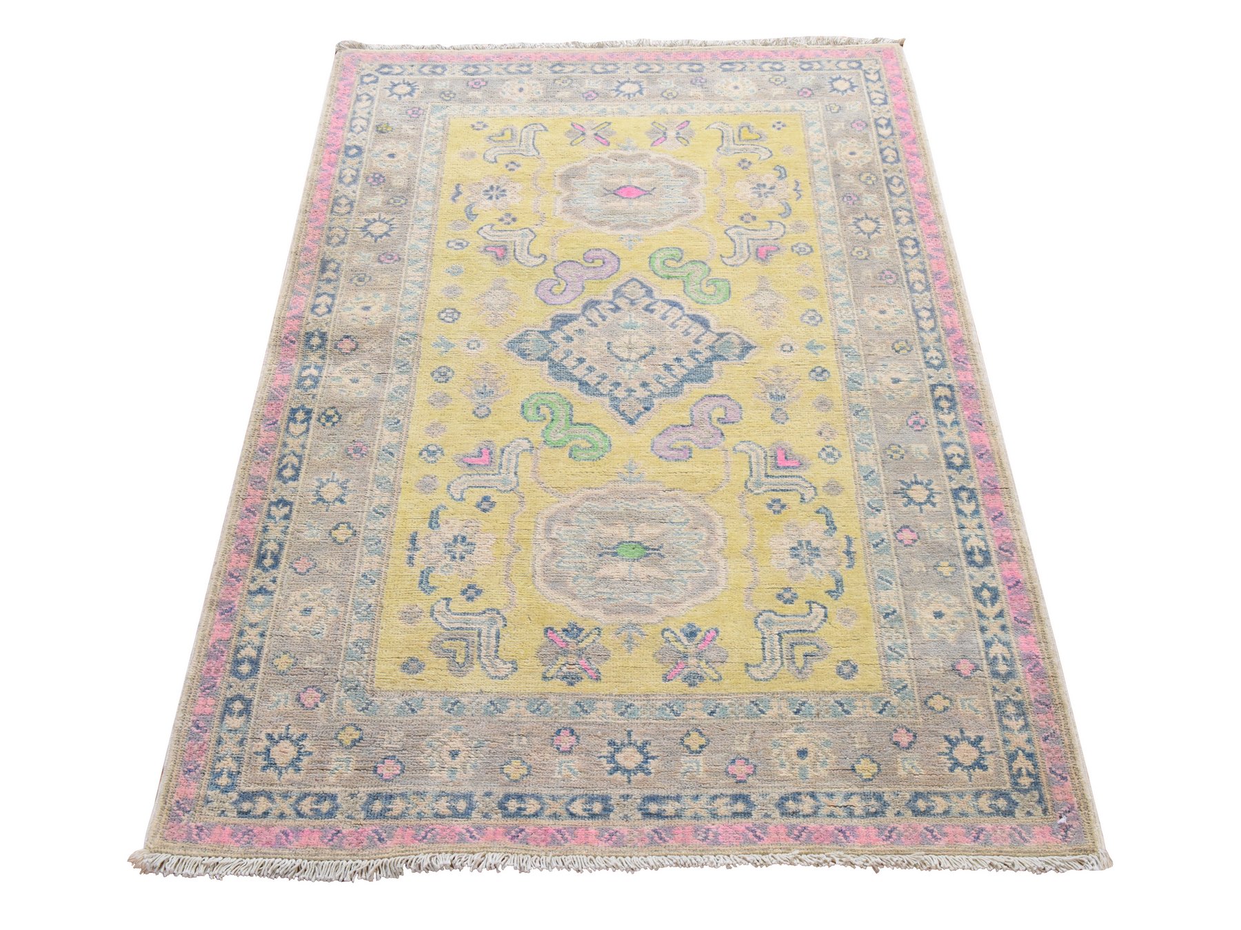 3'3"x4'8" Pastel Yellow, Colorful Fusion Kazak with Geometric Design, Pure Wool, Hand Knotted, Oriental Rug HR78924
