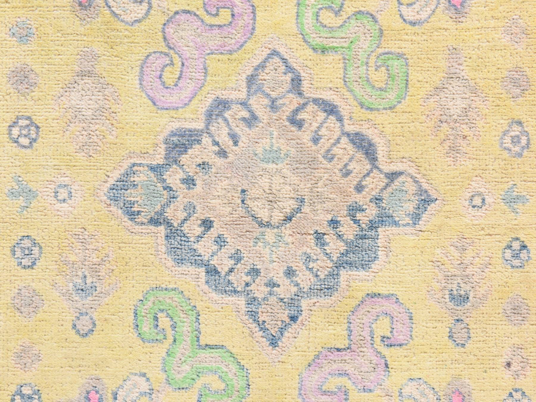 3'3"x4'8" Pastel Yellow, Colorful Fusion Kazak with Geometric Design, Pure Wool, Hand Knotted, Oriental Rug HR78924 - Image 3