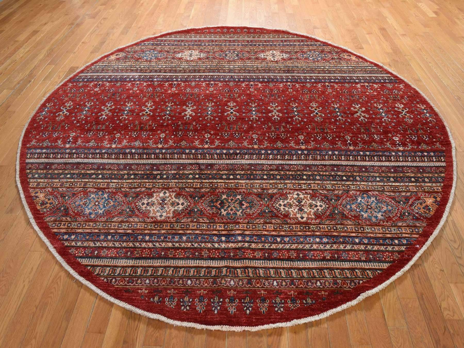 9'7"x9'7" Crimson Red, Afghan Super Kazak with Khorjin Design, Hand Knotted, 100% Wool, Round, Oriental Rug HR78925 - Image 2