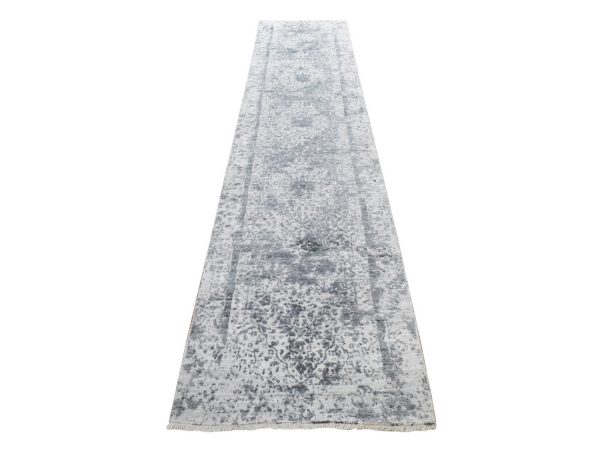 2'7"x12' Silver Gray, Wool and Pure Real Silk, Hand Knotted, Broken and Erased Persian Design, Runner, Oriental Rug HR78934