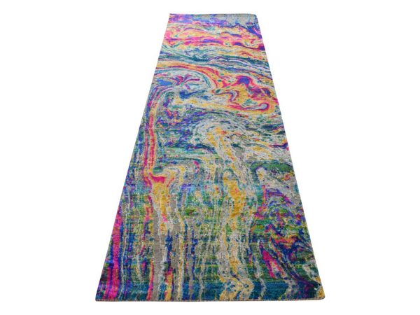 3'x10' Colorful, THE LAVA DESIGN, Hand Knotted, Sari Silk with Textured Wool, Runner, Oriental Rug HR78941