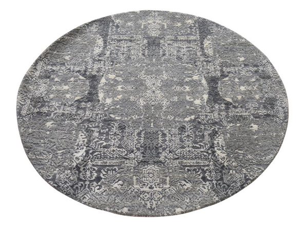4'x4' Cloud Gray, Wool and Pure Silk, Jewellery Design, Hand Knotted, Round, Oriental Rug HR78942