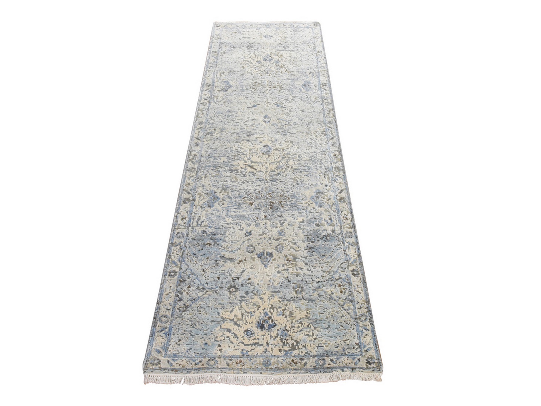 2'5"x8' Ivory and Blue, Oushak Design, Distressed, Pure Silk with Textured Wool, Hand Knotted, Runner, Oriental Rug HR78945