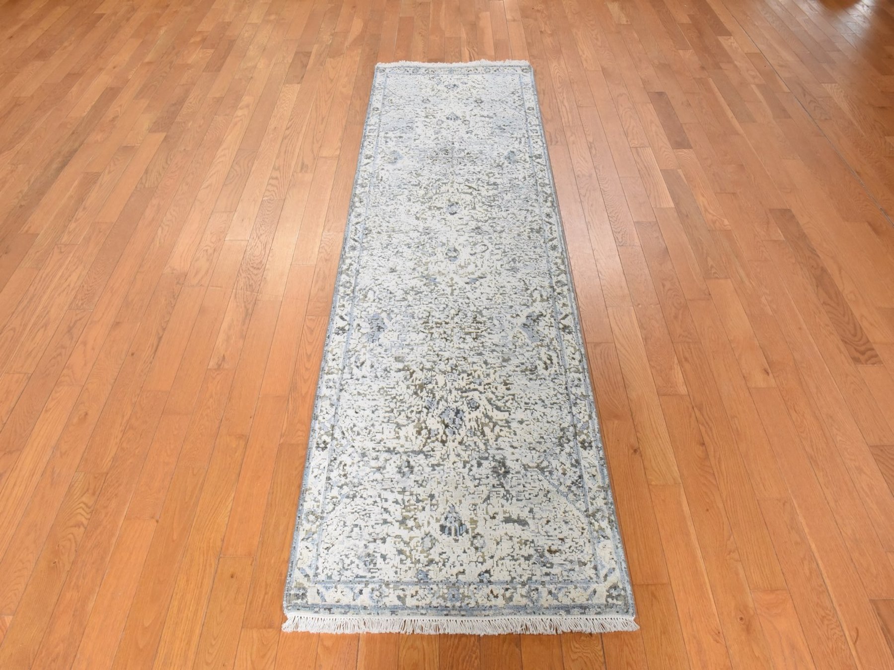 2'5"x8' Ivory and Blue, Oushak Design, Distressed, Pure Silk with Textured Wool, Hand Knotted, Runner, Oriental Rug HR78945 - Image 2