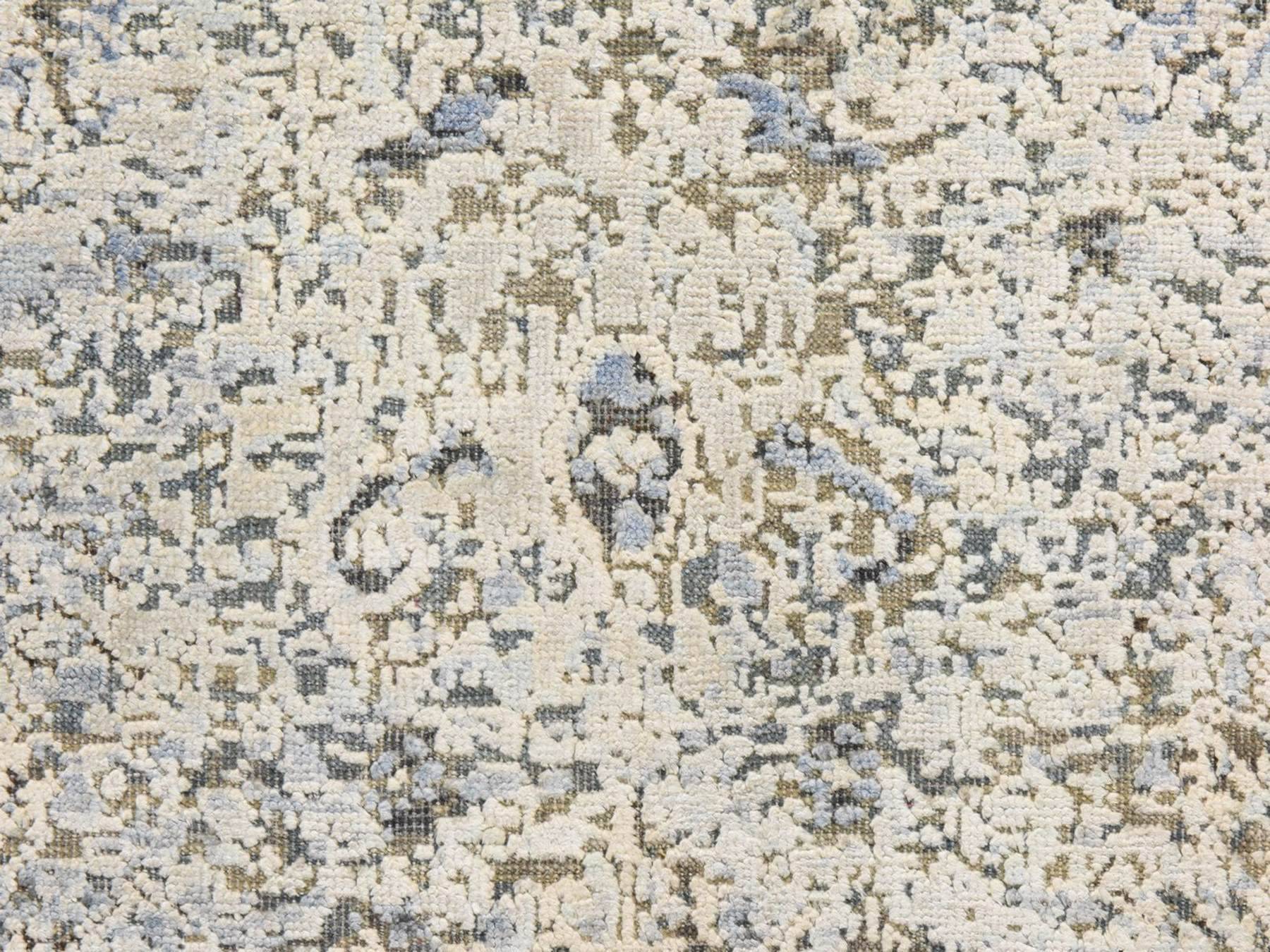 2'5"x8' Ivory and Blue, Oushak Design, Distressed, Pure Silk with Textured Wool, Hand Knotted, Runner, Oriental Rug HR78945 - Image 3