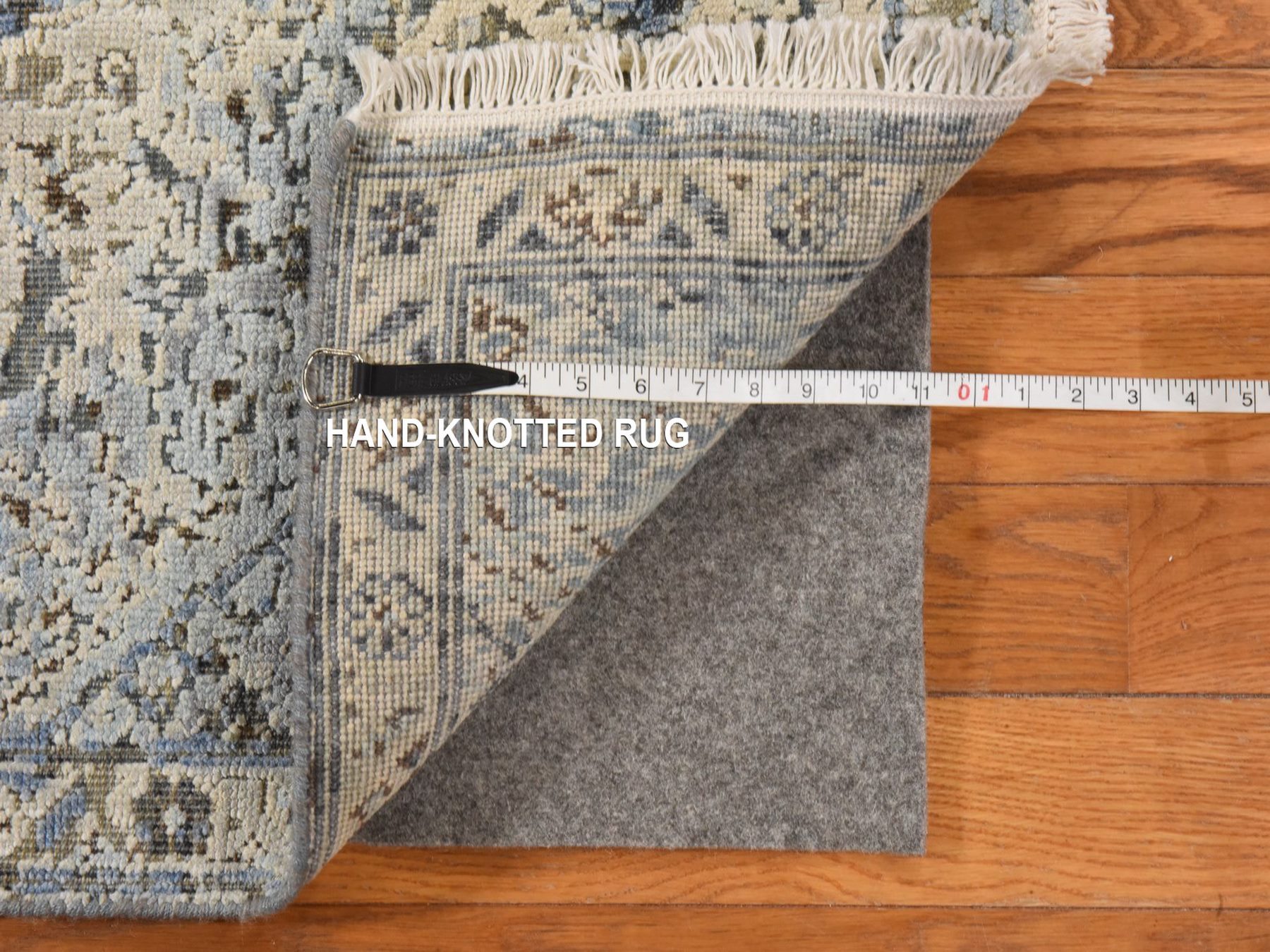 2'5"x8' Ivory and Blue, Oushak Design, Distressed, Pure Silk with Textured Wool, Hand Knotted, Runner, Oriental Rug HR78945 - Image 5