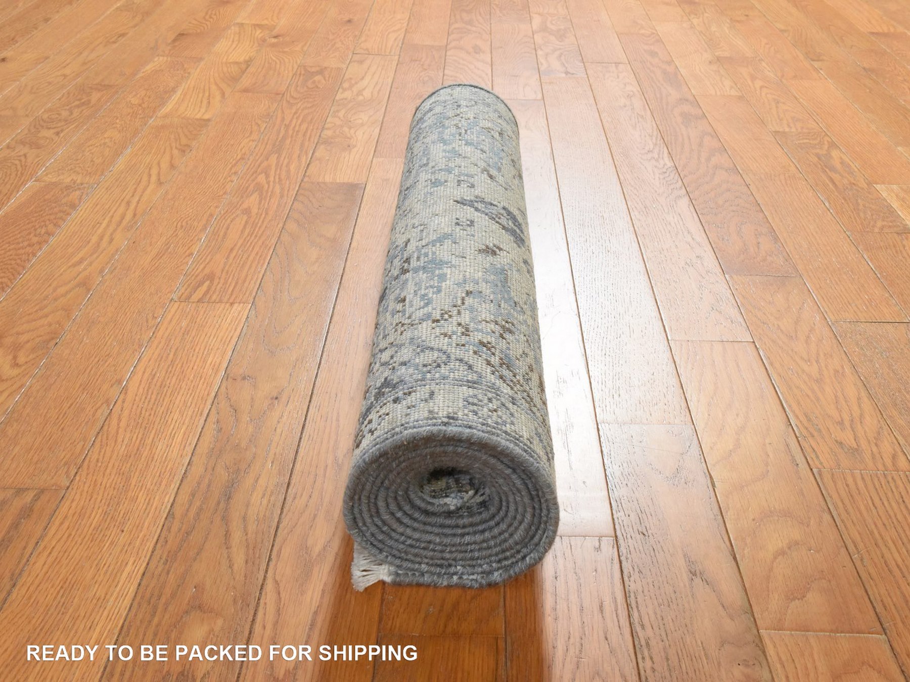 2'5"x8' Ivory and Blue, Oushak Design, Distressed, Pure Silk with Textured Wool, Hand Knotted, Runner, Oriental Rug HR78945 - Image 7