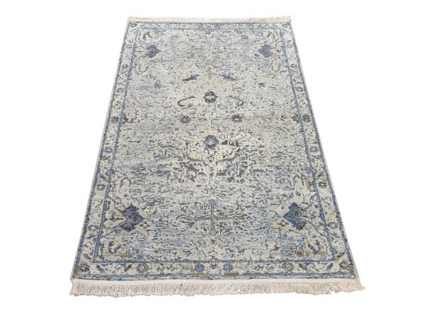 3'x5' Ivory and Blue, Oushak Design, Distressed, Pure Silk with Textured Wool, Hand Knotted, Oriental Rug HR78946