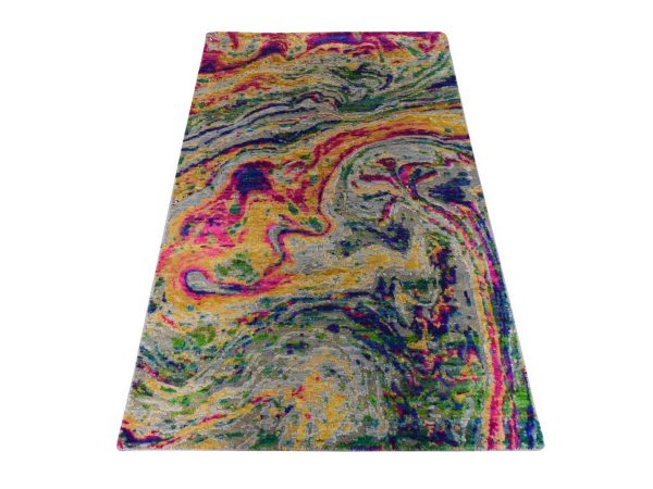 3'x5' Colorful, Sari Silk with Textured Wool, The Lava Design, Hand Knotted, Oriental Rug HR78947