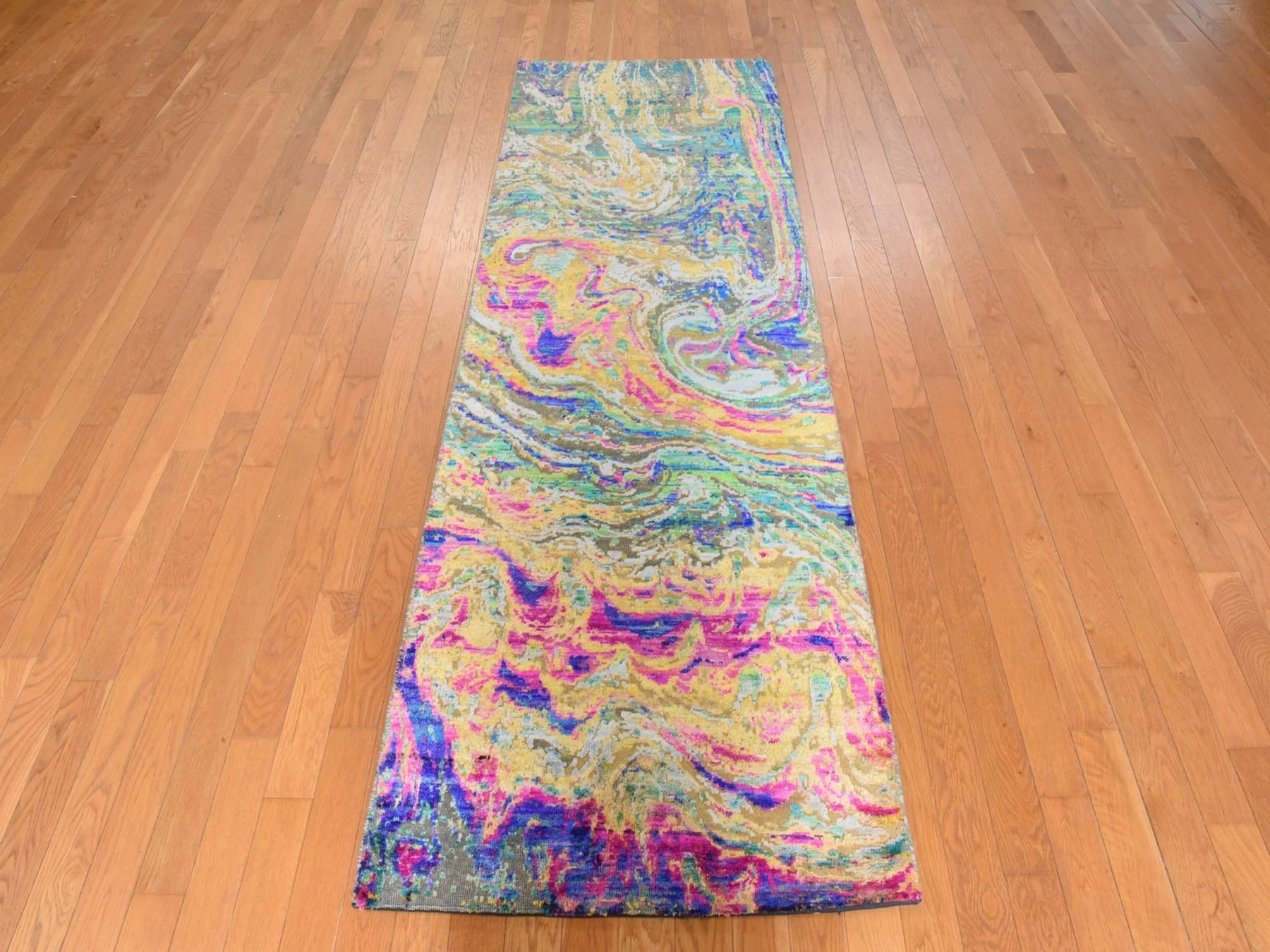 2'10"x8'2" Colorful, The Lava Design, Sari Silk with Textured Wool, Hand Knotted, Runner, Oriental Rug HR78948 - Image 2