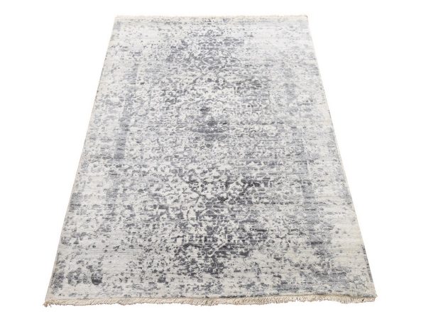 3'x5' Silver Gray, Broken and Erased Persian Design, Wool and Pure Silk, Hand Knotted, Oriental Rug HR78951