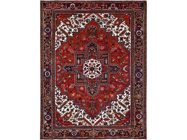 8'5"x10'9" Tomato Red, Pure Wool, Hand Knotted, Semi Antique Persian Heriz, Good Condition, Distressed Feel, Evenly Worn, Oriental Rug HR85572