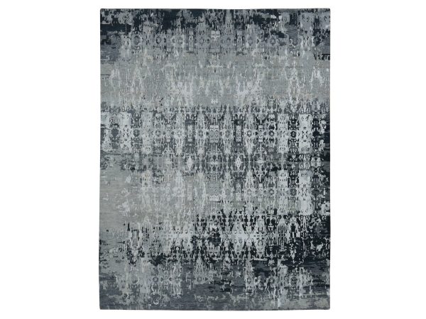8'10"x11'8" Cloud Gray, Erased and Broken Tribal Design, Wool with Real Silk, Hi-Low Pile, Hand Knotted, Oriental Rug HR87128