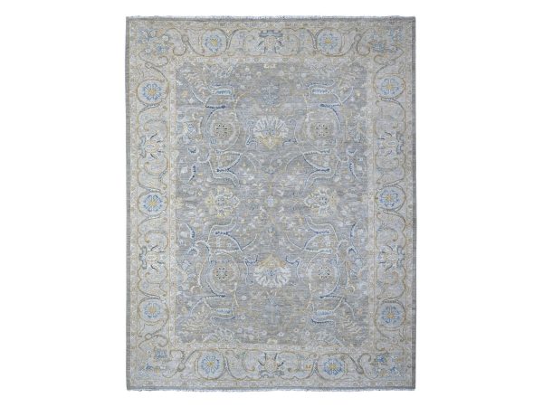 9'x11'7" Nimbus Gray With Silver Chalice Border, All Over Afghan Peshawar Design, Hand Knotted Densely Woven, Extra Soft Wool, Vegetable Dyes, Oriental Rug HR88954