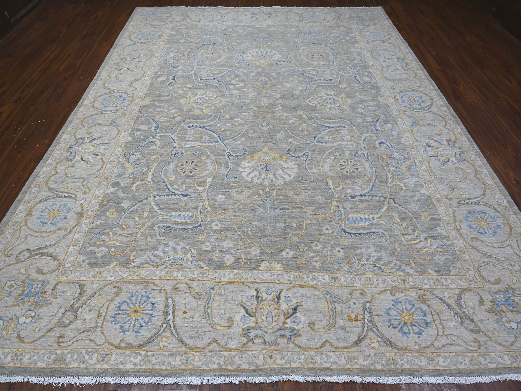 9'x11'7" Nimbus Gray With Silver Chalice Border, All Over Afghan Peshawar Design, Hand Knotted Densely Woven, Extra Soft Wool, Vegetable Dyes, Oriental Rug HR88954 - Image 2