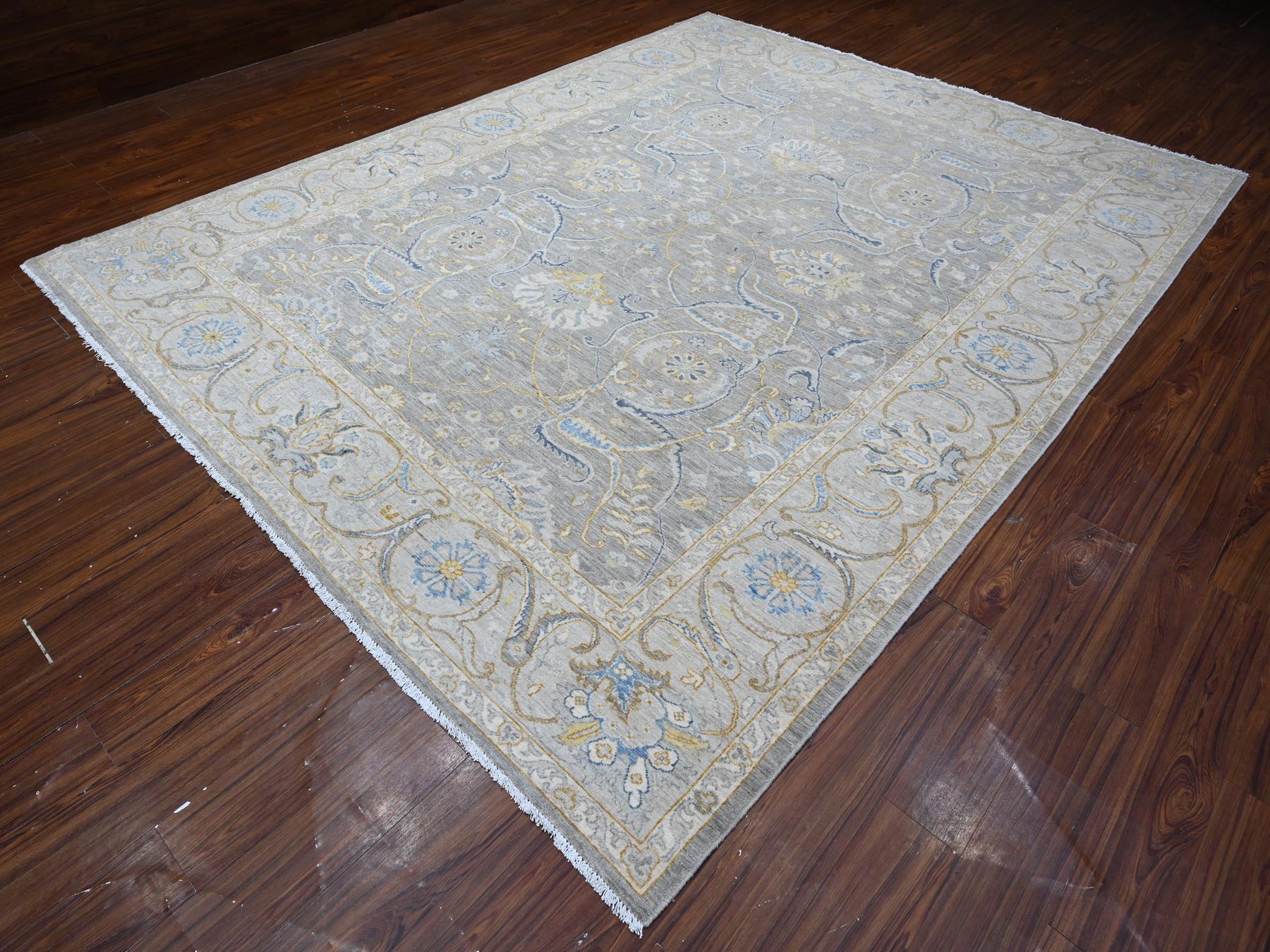 9'x11'7" Nimbus Gray With Silver Chalice Border, All Over Afghan Peshawar Design, Hand Knotted Densely Woven, Extra Soft Wool, Vegetable Dyes, Oriental Rug HR88954 - Image 3