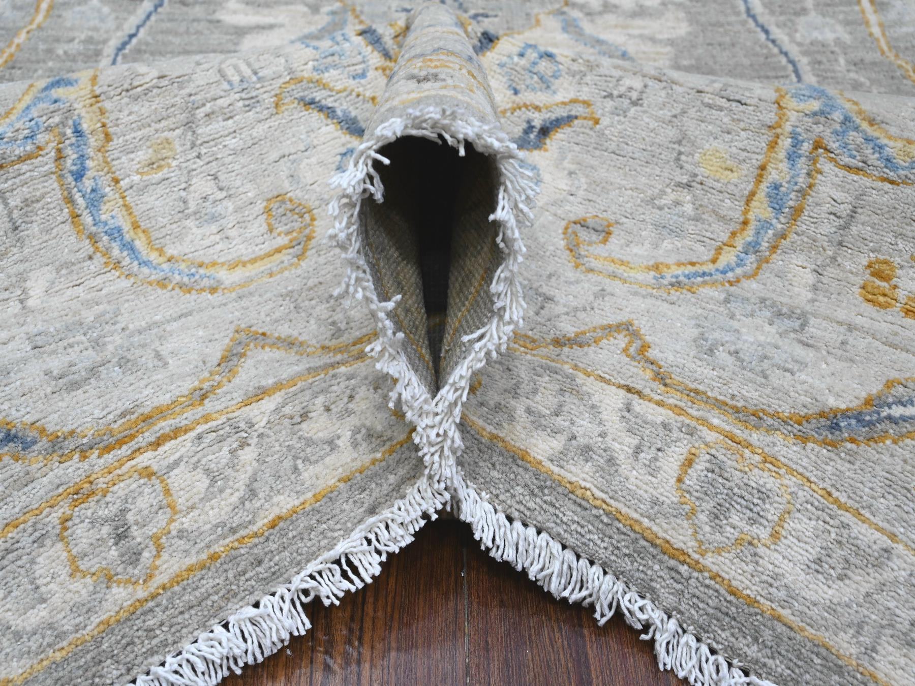 9'x11'7" Nimbus Gray With Silver Chalice Border, All Over Afghan Peshawar Design, Hand Knotted Densely Woven, Extra Soft Wool, Vegetable Dyes, Oriental Rug HR88954 - Image 5