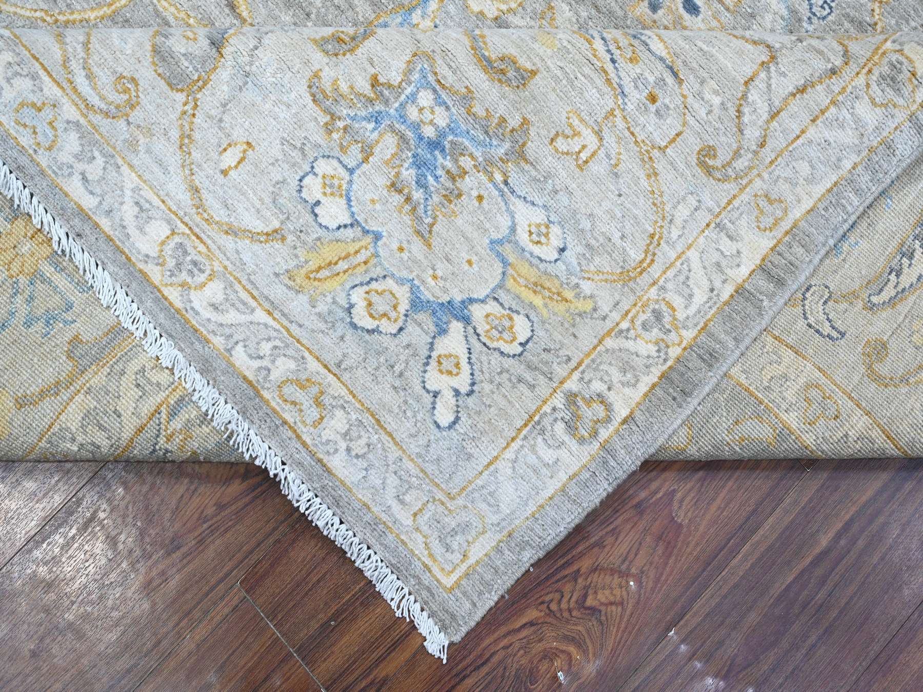 9'x11'7" Nimbus Gray With Silver Chalice Border, All Over Afghan Peshawar Design, Hand Knotted Densely Woven, Extra Soft Wool, Vegetable Dyes, Oriental Rug HR88954 - Image 6