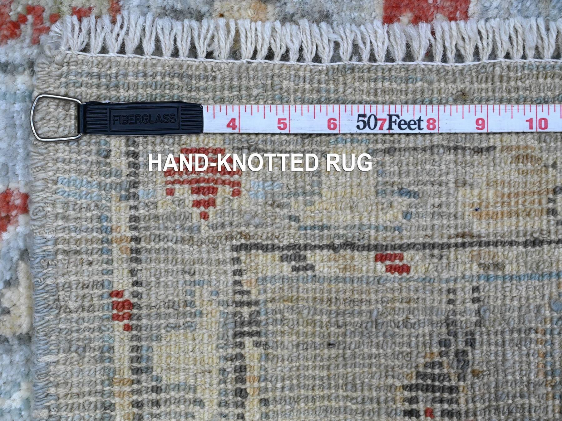 2'1"x3'1" Misty Gray, Village Flower And Leaf Medallions, Wool Foundation, Hand Knotted, Afghan Natural Dyes, Angora Oushak, Mat Oriental Rug HR89633 - Image 6