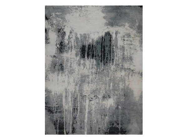 9'x12' Black with Touches of Ivory, Abstract Design, Hand Knotted, Wool and Silk, Oriental Rug HR92388