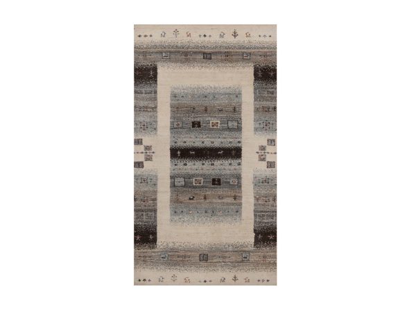 2'6"x4'8" Parchment White, Thick and Plush, Lori Buft Gabbeh with Small Animal and Human Figurines, Modern, Pure Wool, Hand Knotted, Oriental Rug HR92623