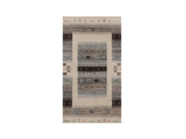2'6"x4'7" Parchment White, Modern, Lori Buft Gabbeh with Small Animal and Human Figurines, Thick and Plush, Pure Wool, Hand Knotted, Oriental Rug HR92625