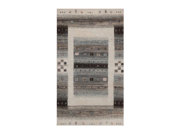 3'x5'2" Parchment White, Thick and Plush, Lori Buft Gabbeh with Small Animal and Human Figurines, Modern, Pure Wool, Hand Knotted, Oriental Rug HR92629