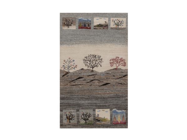 3'x5'1" Dove Gray, Modern, Lori Buft Gabbeh with Scenery Design, Small Animal Figurines, Soft Pile, Thick and Plush, Pure Wool, Hand Knotted, Oriental Rug HR92631
