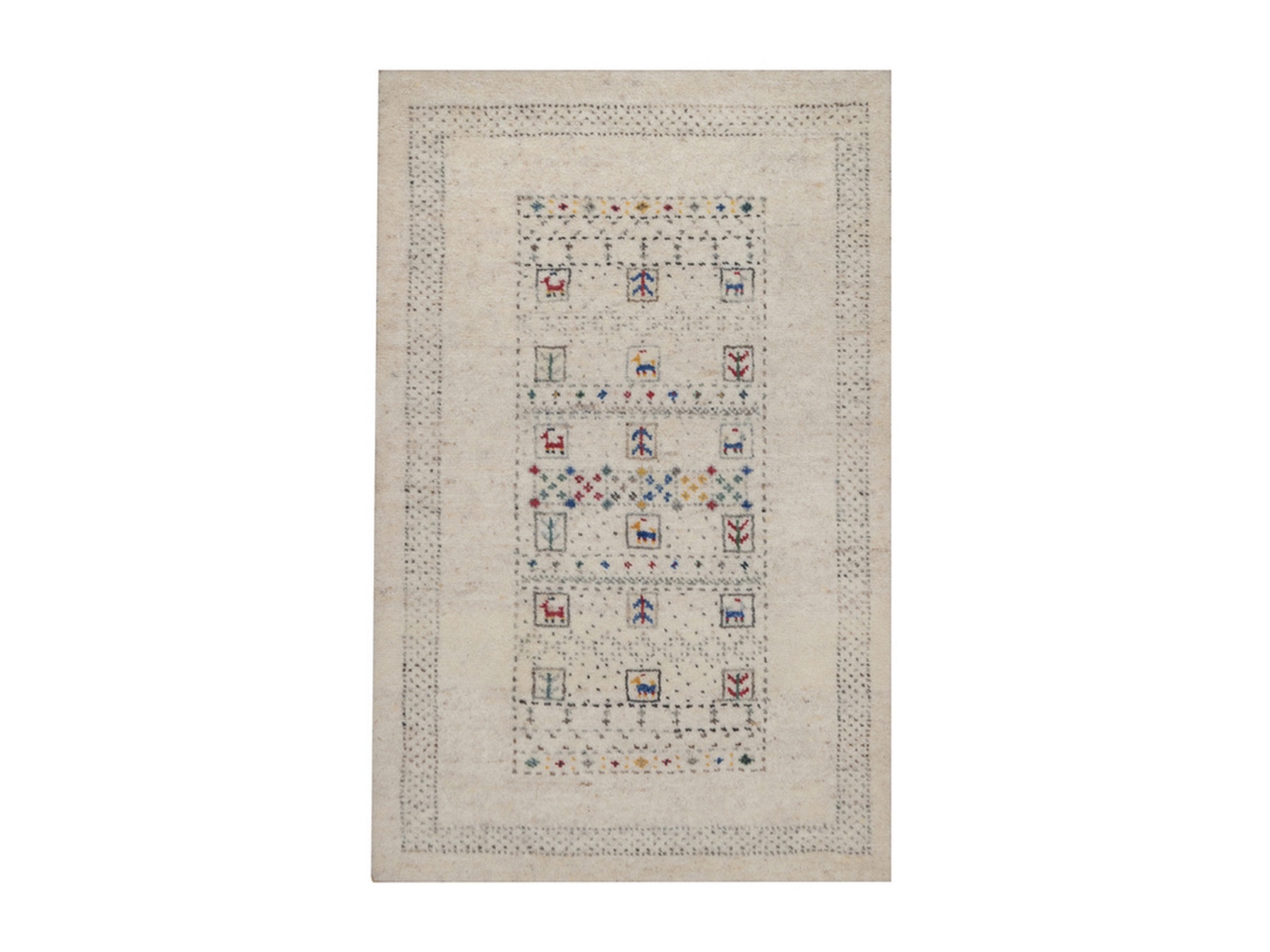 2'x3' Parchment White, Modern, Lori Buft Gabbeh with Small Animal Figurines, Soft Wool, Hand Knotted, Thick and Plush, Mat, Sample, Oriental Rug HR92634