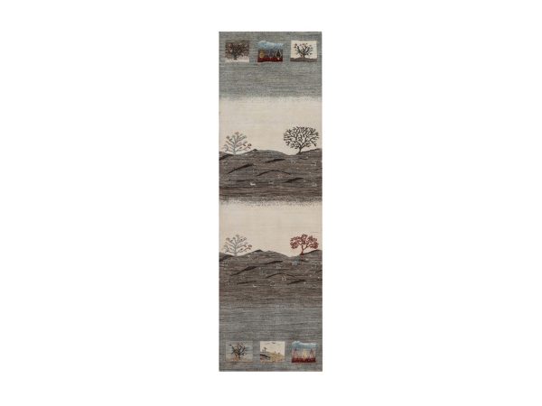 2'8"x9'7" Dove Gray, Lori Buft Gabbeh with Scenery Design, Small Animal Figurines, Modern, Soft Pile, Thick and Plush, Pure Wool, Hand Knotted, Runner, Oriental Rug HR92638