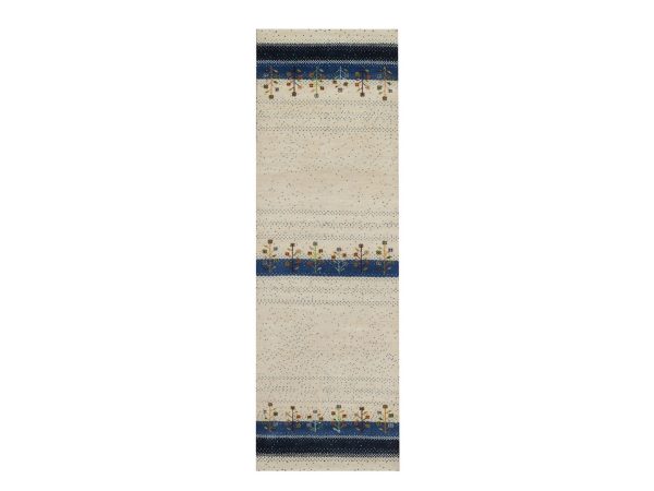 2'6"x8'5" Parchment White, Modern, Tree Design, Lori Buft Gabbeh, Pure Wool, Hand Knotted, Thick and Plush, Soft Pile, Runner, Oriental Rug HR92641