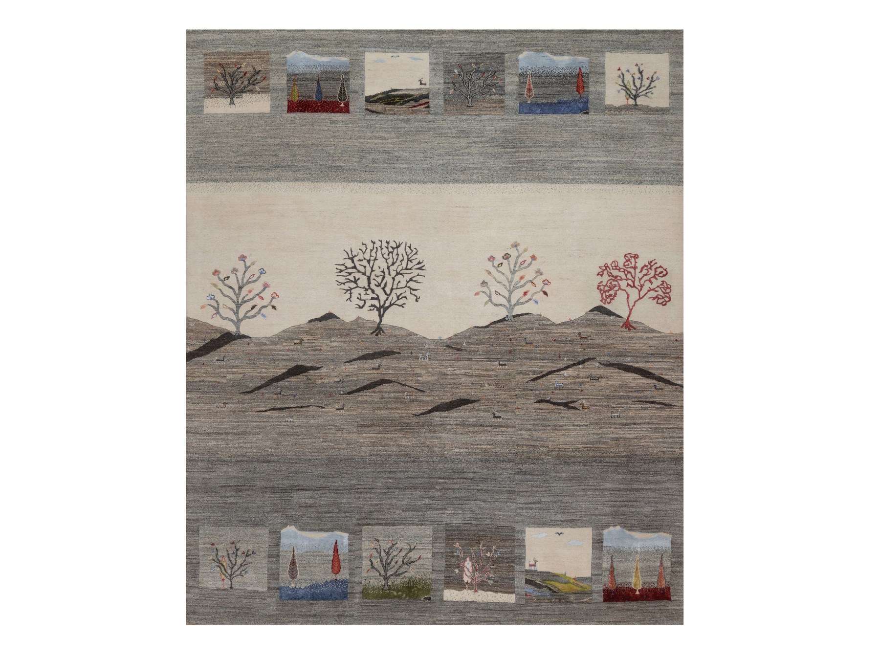 8'2"x10' Dove Gray, Modern, Lori Buft Gabbeh with Scenery Design, Small Animal Figurines, Hand Knotted, Soft Pile, Thick and Plush, Pure Wool, Oriental Rug HR92652