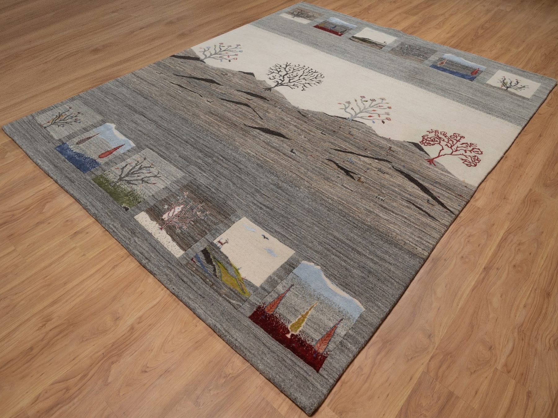 8'2"x10' Dove Gray, Modern, Lori Buft Gabbeh with Scenery Design, Small Animal Figurines, Hand Knotted, Soft Pile, Thick and Plush, Pure Wool, Oriental Rug HR92652 - Image 3