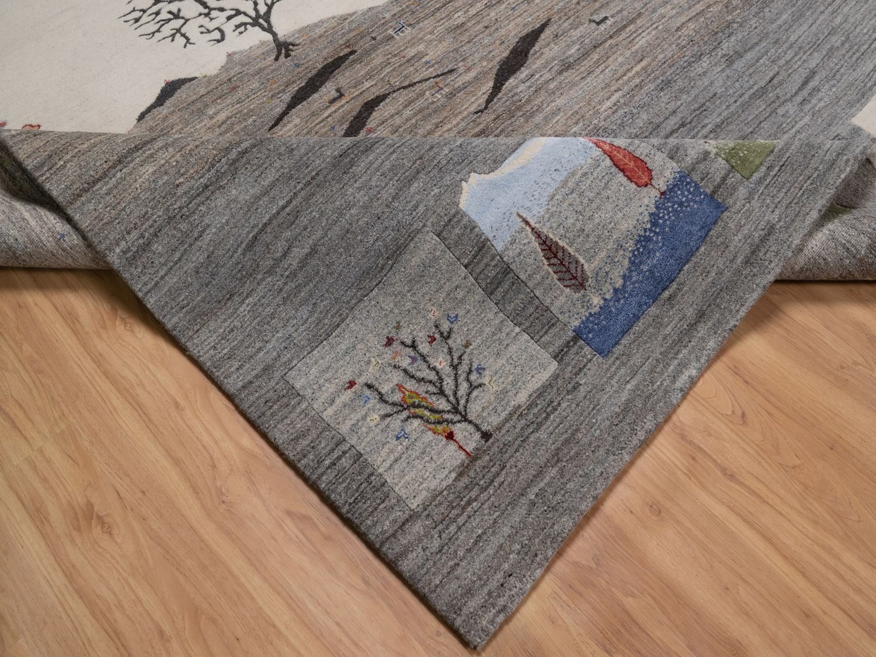 8'2"x10' Dove Gray, Modern, Lori Buft Gabbeh with Scenery Design, Small Animal Figurines, Hand Knotted, Soft Pile, Thick and Plush, Pure Wool, Oriental Rug HR92652 - Image 6