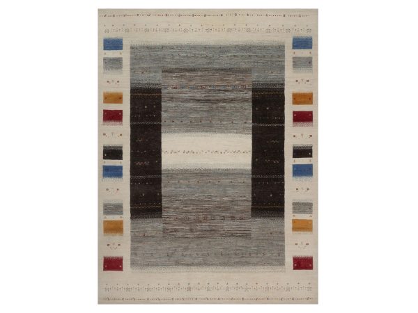 8'8"x11'9" Parchment White, Modern, Lori Buft Gabbeh with Small Animal and Human Figurines, Thick and Plush, Pure Wool, Hand Knotted, Oriental Rug HR92653