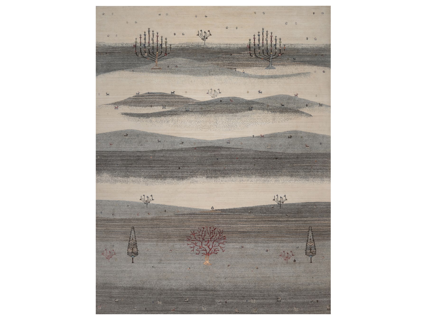 9'10"x13' Dove Gray, Modern, Lori Buft Gabbeh with Scenery Design, Small Animal Figurines, Hand Knotted, Soft Pile, Thick and Plush, Pure Wool, Oriental Rug HR92659