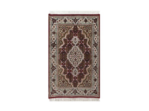 1'10"x3' Rhubarb Red, Tabriz Mahi with Fish Medallions Design, 100% Wool, Hand Knotted, 175 KPSI, Sample, Mat, Oriental Rug HR92665
