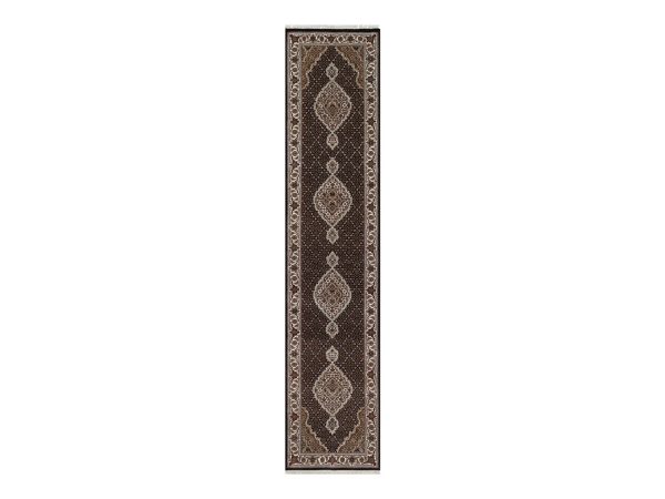 2'6"x11'10" Midnight Black, Hand Knotted, Tabriz Mahi with Fish Medallions Design, 100% Wool, 175 KPSI, Narrow Runner, Oriental Rug HR92674