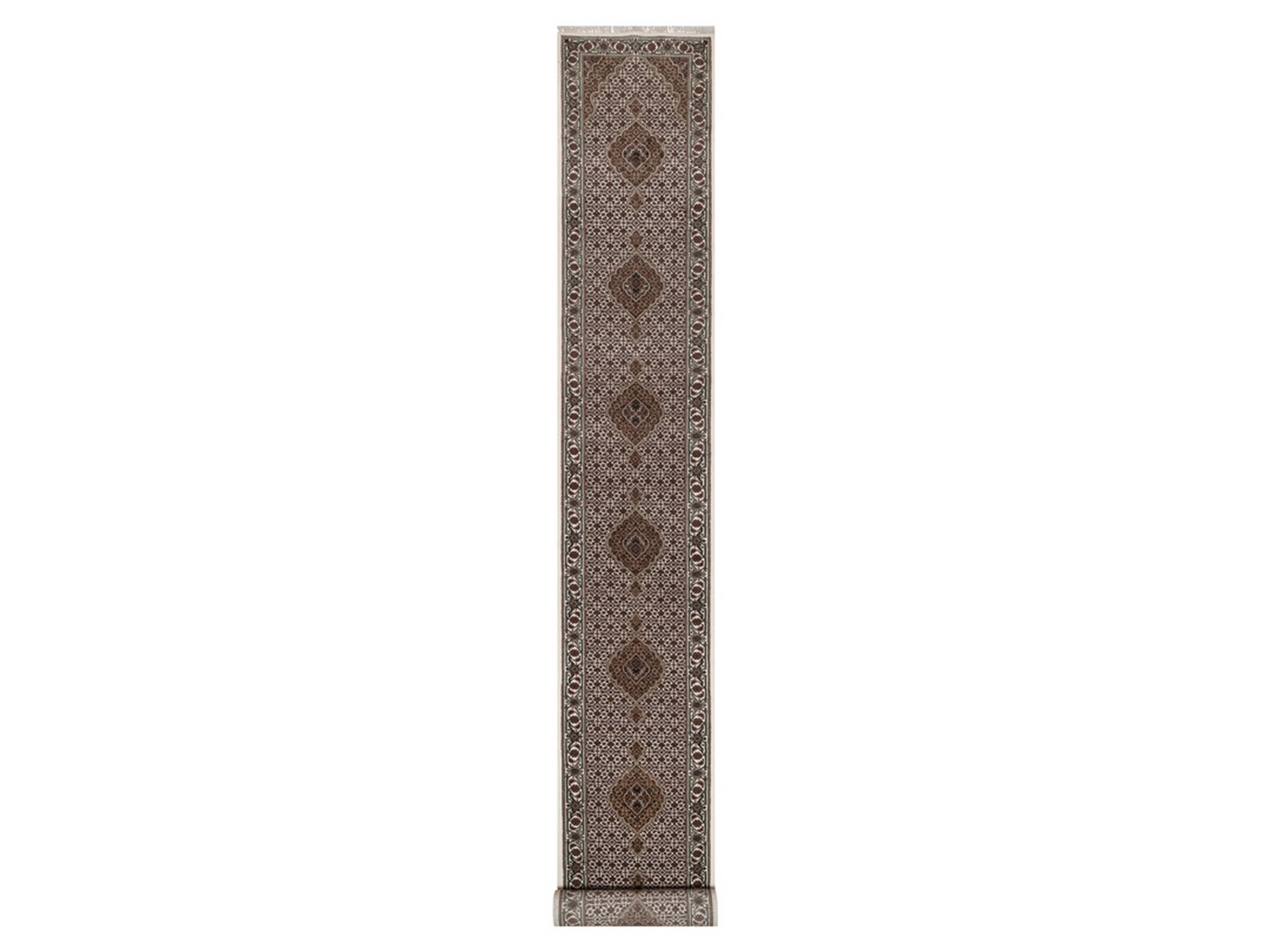 2'9"x20'6" Pearl White, Tabriz Mahi with Fish Medallions Design, 175 KPSI, Hand Knotted, 100% Wool, XL Runner, Oriental Rug HR92676