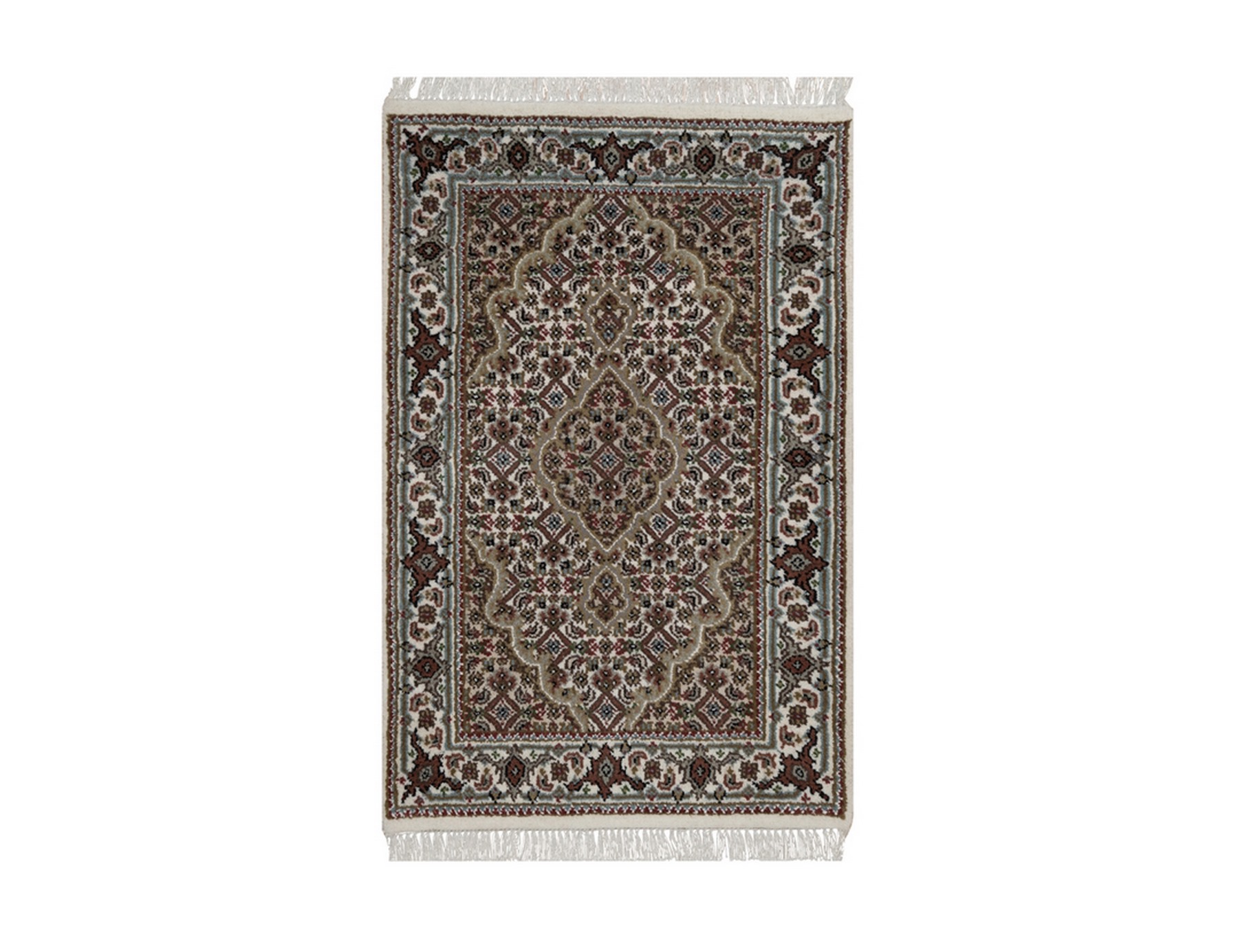 2'x3'1" Pearl White, Tabriz Mahi with Fish Medallion Design, Hand Knotted, 100% Wool, 175 KPSI, Sample, Mat, Oriental Rug HR92680