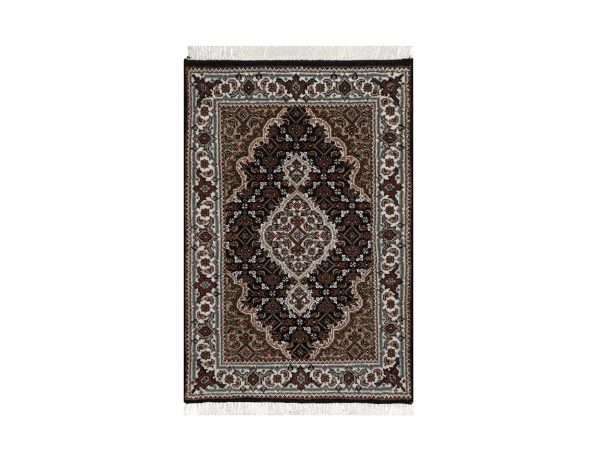 2'x3' Midnight Black, Tabriz Mahi with Fish Medallion Design, 175 KPSI, Hand Knotted, 100% Wool, Mat, Sample, Oriental Rug HR92683