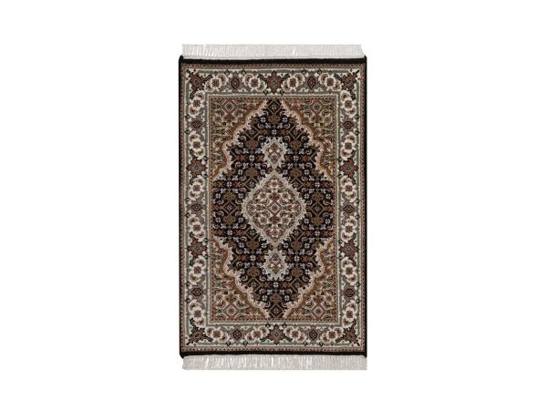 2'x3' Midnight Black, Tabriz Mahi with Fish Medallion Design, 175 KPSI, Hand Knotted, 100% Wool, Sample, Mat, Oriental Rug HR92684